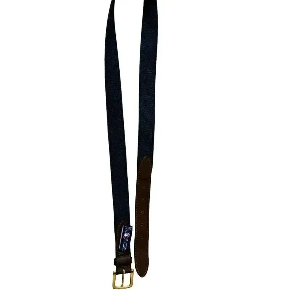 Vineyard Vines America’s Cup Navy Sailboats Canvas Club Belt Brown Leather SZ 44
